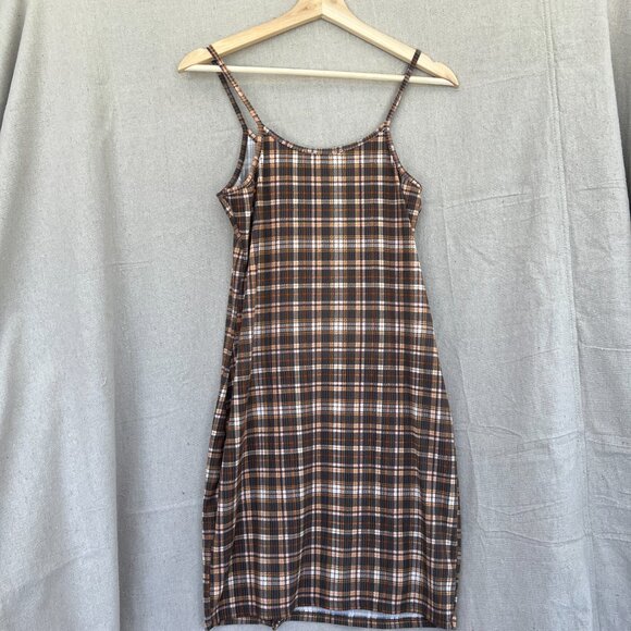 Just Polly Plaid Dress Large Brown Check Knit Pull-on Jumper 90's Y2K Bodycon - Picture 6 of 8